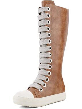 🆕Women's Brown Knee-High School Bicycling Boots Thick Laces Comfort